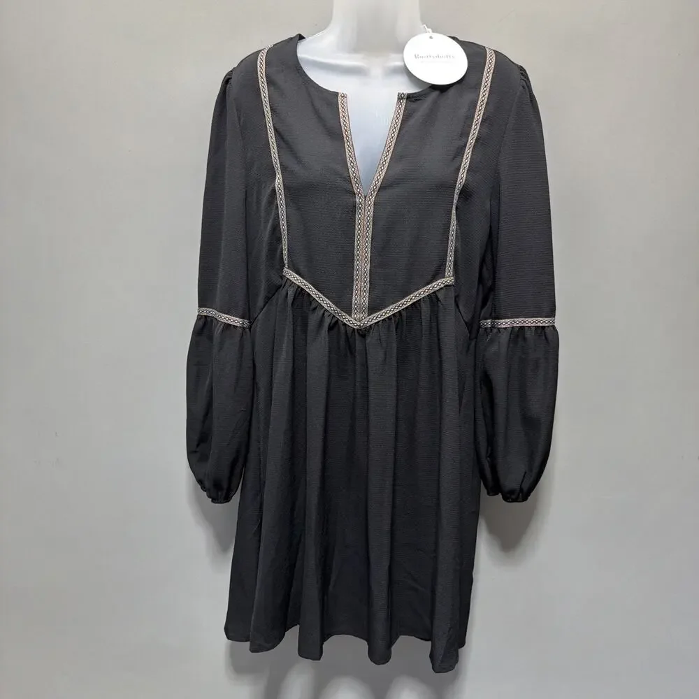 RUSTYDUSTY BOHEMIAN BLACK TUNIC SMOCK DRESS V NECK NWT Size L - Picture 2 of 10